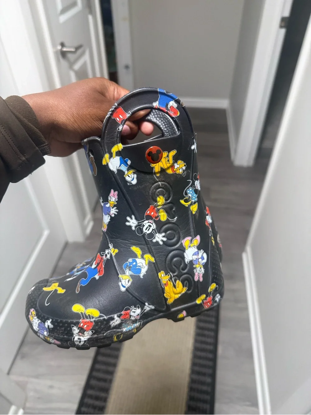 CROCS Kids Black Rain Boots with Colorful Cartoon Print